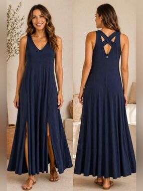 Maloka Navy Maxi Dress Open Back Sleeveless Boho Resort Vacation Large